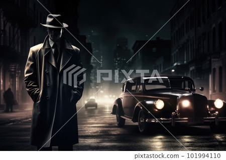 Silhouette of man in old fashioned hat and coat at night street. Generative AI 101994110