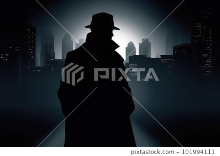 Silhouette of man in old fashioned hat and coat at night street. Generative AI 101994111