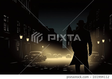 Silhouette of man in old fashioned hat and coat at night street. Generative AI 101994112