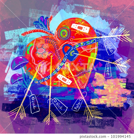 Broken and patched woman's heart with arrows with labels of men's names. The concept of unhappy love, the bitter experience of falling in love Broken and patched woman's heart with arrows with labels of men's names. The concept of unhappy love, the bitter experience of falling in love 101994145