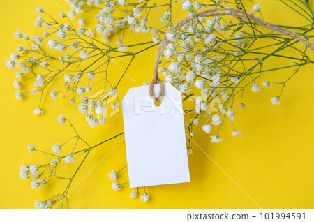 A white tag with a thread on a bright blue background in a bouquet of gypsophila flowers. 101994591
