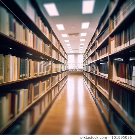 Blurred public library interior space. Learning and education concept background. Defocused bookshelves with books - vintage tone 101995056