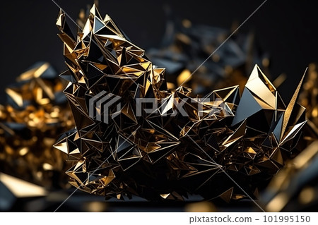 Polygonal black and gold abstract with spiky connection structure made with generative AI 101995150