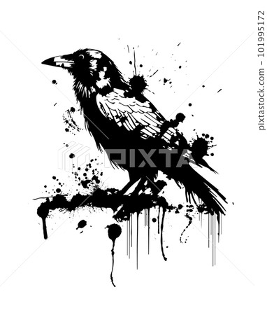 Dark ink pen hand drawn zoo corvidae corone tail feather emblem design retro art doodle pencil cartoon contour print style. Black crow ink pen. Vector illustration 101995172