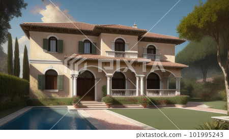 Vintage old italian villa with lawn and garden in sunny day. Soft light. Generative AI 101995243