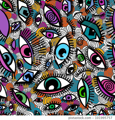 Bright seamless pattern with colorful eyes. Texture background. Wallpaper for teenager girls. Women's fashion style 101995757
