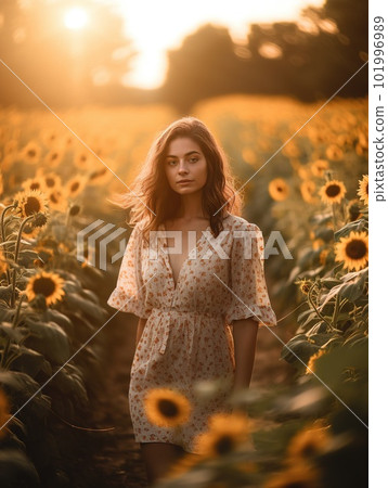 Beautiful Young Woman is Smiling at Sunflowers Field. Ai Generative 101996989