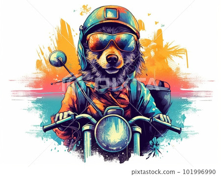Funny Dog Biker in Sunglasse and Helmet. Cute Sticker and Shirt Print Design. Ai generated 101996990