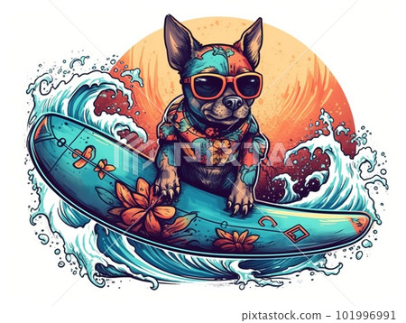 Cute Funny Puppy in Sunglasses is Surfing on Sea waves. Summer and Travel Colorful Illustration. Ai generated 101996991