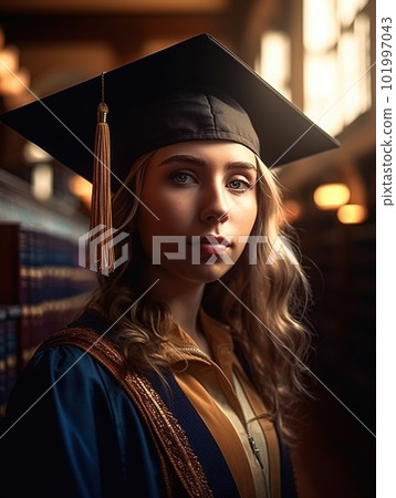 Soft Sensual Young Woman Portrait in Graduatinal Cup. Beautiful Girl Shoot with Bokeh Lights Amber Background. Ai Generative 101997043