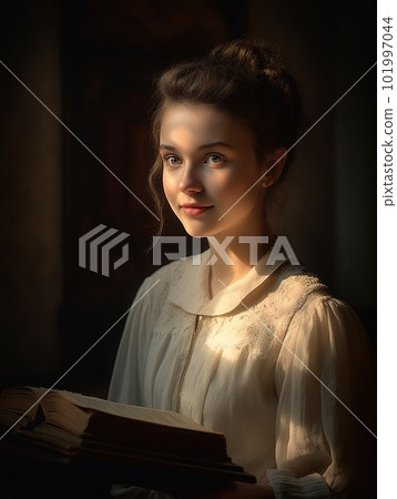 Pretty Young Teenage Girl with Book Vintage Lighting Portrait. Pure Beautiful Studio Shot Artistic Female Portrait. Ai generated 101997044