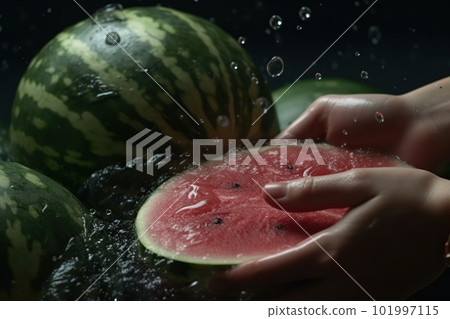 Hands of woman washing ripe watermelon under faucet in the sink kitchen. made with generative AI 101997115