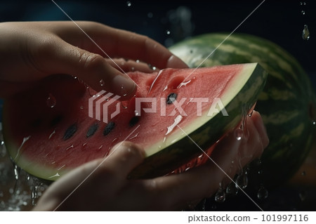 Hands of woman washing ripe watermelon under faucet in the sink kitchen. made with generative AI 101997116