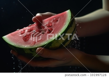 Hands of woman washing ripe watermelon under faucet in the sink kitchen. made with generative AI 101997128