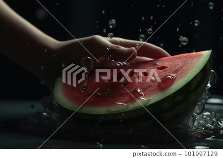 Hands of woman washing ripe watermelon under faucet in the sink kitchen. made with generative AI 101997129