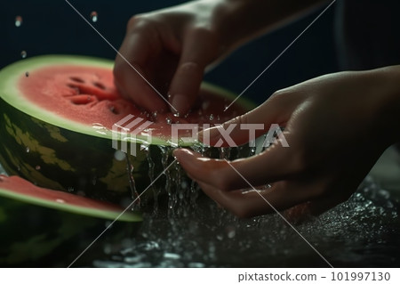 Hands of woman washing ripe watermelon under faucet in the sink kitchen. made with generative AI 101997130