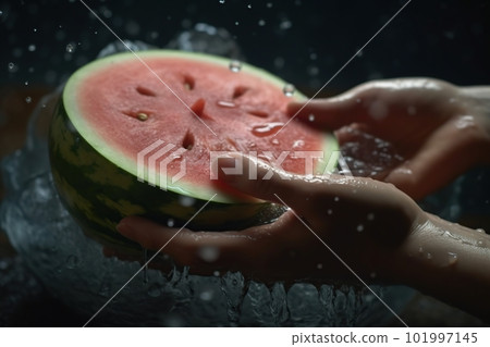 Hands of woman washing ripe watermelon under faucet in the sink kitchen. made with generative AI Hands of woman washing ripe watermelon under faucet in the sink kitchen. made with generative AI 101997145