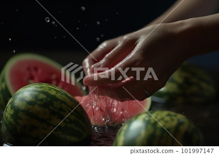 Hands of woman washing ripe watermelon under faucet in the sink kitchen. made with generative AI Hands of woman washing ripe watermelon under faucet in the sink kitchen. made with generative AI 101997147