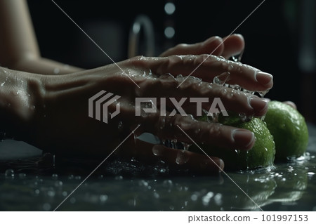Hands of woman washing ripe limes under faucet in the sink kitchen. made with generative AI 101997153