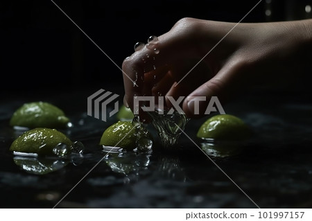 Hands of woman washing ripe limes under faucet in the sink kitchen. made with generative AI 101997157