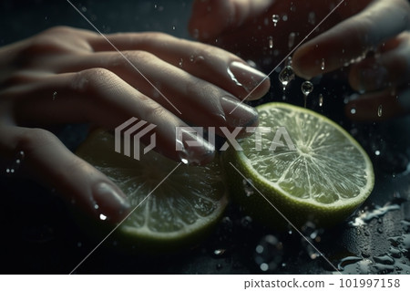 Hands of woman washing ripe limes under faucet in the sink kitchen. made with generative AI 101997158