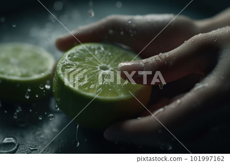 Hands of woman washing ripe limes under faucet in the sink kitchen. made with generative AI Hands of woman washing ripe limes under faucet in the sink kitchen. made with generative AI 101997162