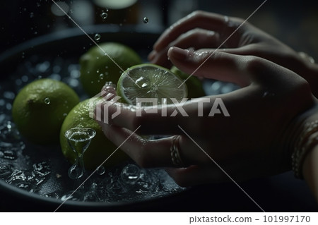 Hands of woman washing ripe limes under faucet in the sink kitchen. made with generative AI Hands of woman washing ripe limes under faucet in the sink kitchen. made with generative AI 101997170