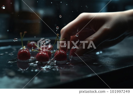 Hands of woman washing ripe cherries under faucet in the sink kitchen. made with generative AI Hands of woman washing ripe cherries under faucet in the sink kitchen. made with generative AI 101997249