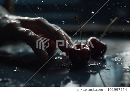 Hands of woman washing ripe cherries under faucet in the sink kitchen. made with generative AI 101997254