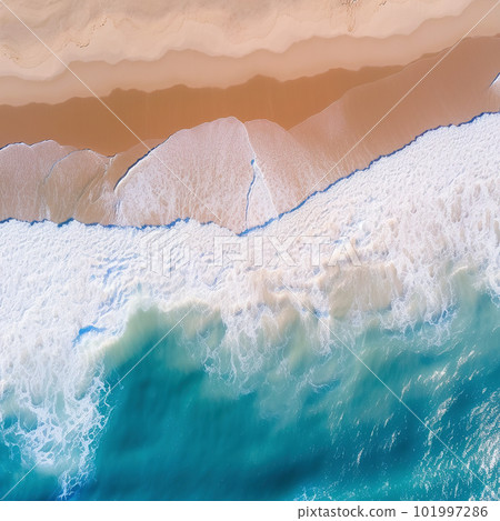 Ocean waves on the beach as a background. Beautiful natural summer vacation holidays background. Aerial top down view of beach and sea with blue water waves 101997286