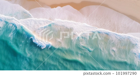 Ocean waves on the beach as a background. Beautiful natural summer vacation holidays background. Aerial top down view of beach and sea with blue water waves 101997290