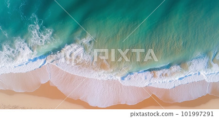 Ocean waves on the beach as a background. Beautiful natural summer vacation holidays background. Aerial top down view of beach and sea with blue water waves 101997291