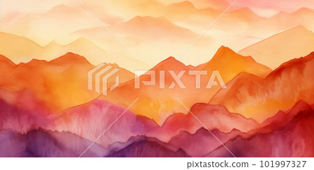 Watercolor background. Beautiful simple watercolor painting of mountains during sunset. Watercolour background with beautiful warm hues 101997327