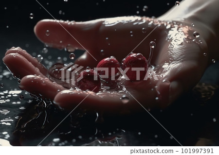 Hands of woman washing ripe cherries under faucet in the sink kitchen. made with generative AI Hands of woman washing ripe cherries under faucet in the sink kitchen. made with generative AI 101997391