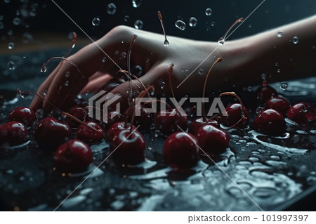 Hands of woman washing ripe cherries under faucet in the sink kitchen. made with generative AI Hands of woman washing ripe cherries under faucet in the sink kitchen. made with generative AI 101997397