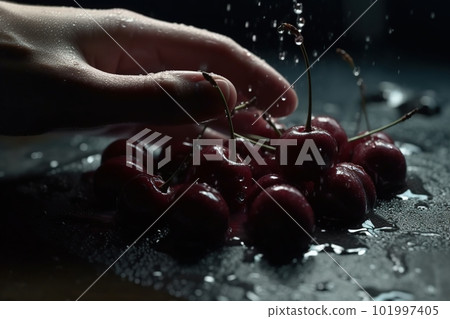 Hands of woman washing ripe cherries under faucet in the sink kitchen. made with generative AI 101997405