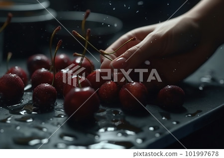 Hands of woman washing ripe cherries under faucet in the sink kitchen. made with generative AI 101997678