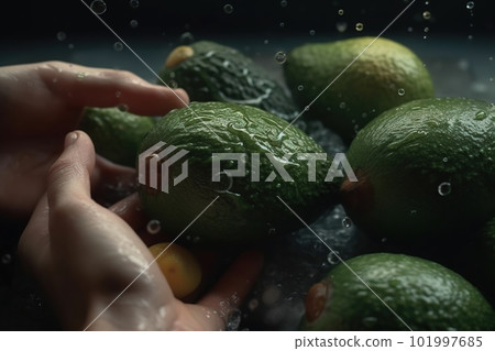Hands of woman washing ripe avocados under faucet in the sink kitchen. made with generative AI 101997685