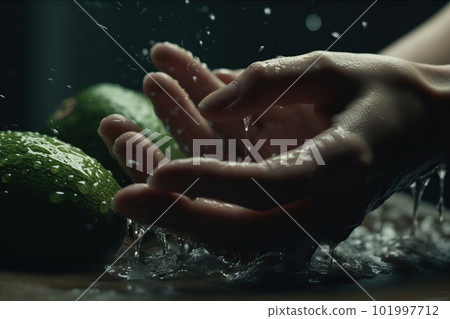 Hands of woman washing ripe avocados under faucet in the sink kitchen. made with generative AI 101997712