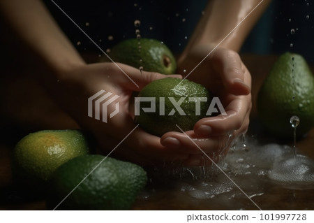Hands of woman washing ripe avocados under faucet in the sink kitchen. made with generative AI Hands of woman washing ripe avocados under faucet in the sink kitchen. made with generative AI 101997728