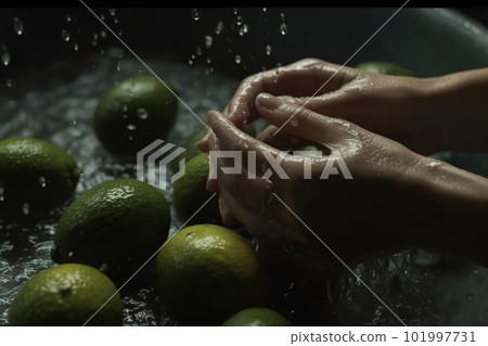 Hands of woman washing ripe avocados under faucet in the sink kitchen. made with generative AI Hands of woman washing ripe avocados under faucet in the sink kitchen. made with generative AI 101997731