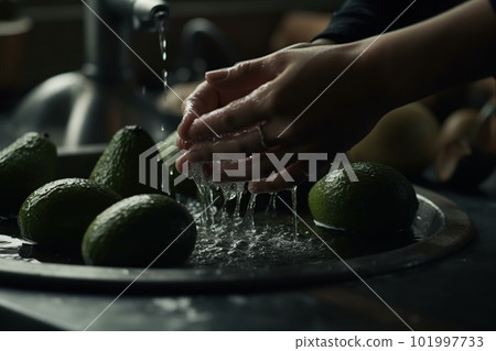 Hands of woman washing ripe avocados under faucet in the sink kitchen. made with generative AI Hands of woman washing ripe avocados under faucet in the sink kitchen. made with generative AI 101997733