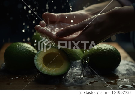 Hands of woman washing ripe avocados under faucet in the sink kitchen. made with generative AI 101997735