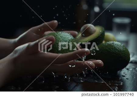 Hands of woman washing ripe avocados under faucet in the sink kitchen. made with generative AI 101997740
