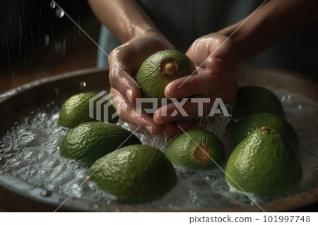 Hands of woman washing ripe avocados under faucet in the sink kitchen. made with generative AI 101997748