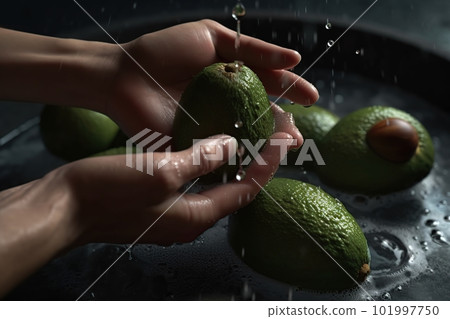 Hands of woman washing ripe avocados under faucet in the sink kitchen. made with generative AI 101997750