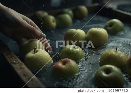 Hands of woman washing ripe apples under faucet in the sink kitchen. made with generative AI 101997780