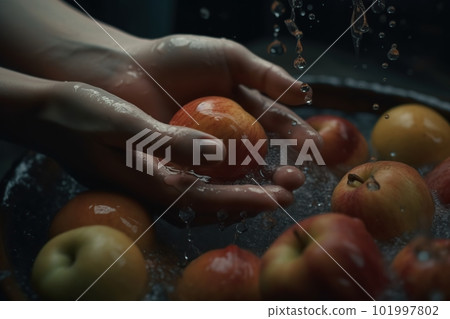 Hands of woman washing ripe apples under faucet in the sink kitchen. made with generative AI Hands of woman washing ripe apples under faucet in the sink kitchen. made with generative AI 101997802
