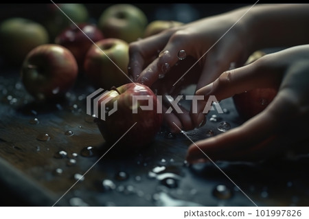 Hands of woman washing ripe apples under faucet in the sink kitchen. made with generative AI Hands of woman washing ripe apples under faucet in the sink kitchen. made with generative AI 101997826