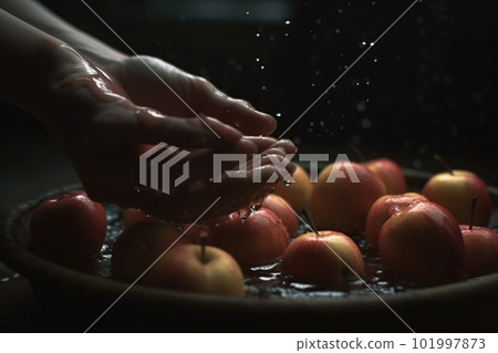 Hands of woman washing ripe apples under faucet in the sink kitchen. made with generative AI 101997873